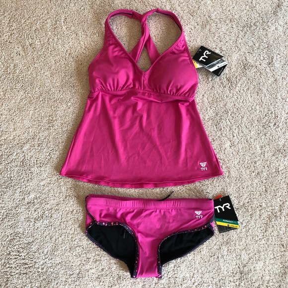 TYR Other - NWT TYR Pink with Black Trim Tankini with Full Coverage Bottoms Size 4/6
